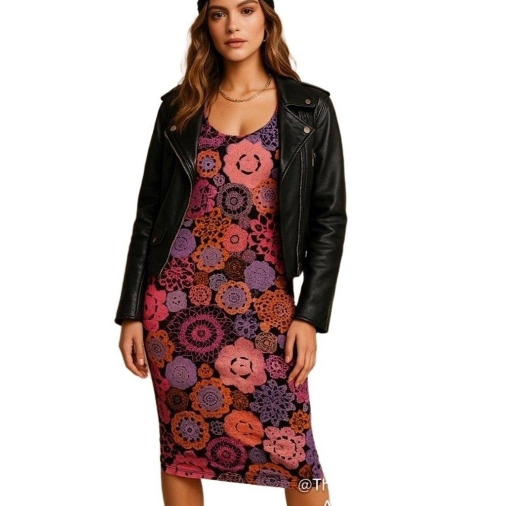 Jolie & Joy Dress Womans Medium Crochet Doily Print Bodycon Mini Indie Boho